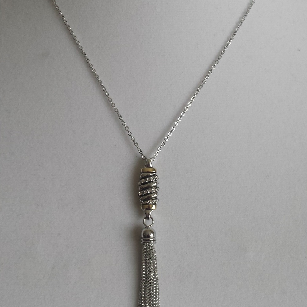 Silver Necklace with tassels,Pendant with crystal